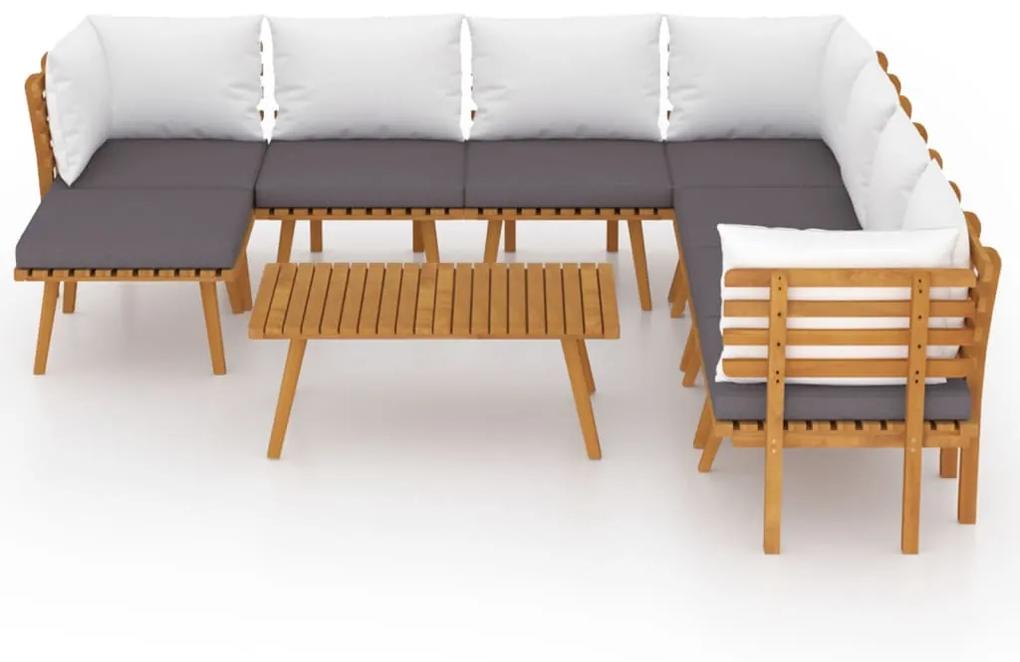 Set mobilier gradina cu perne, 9 piese, lemn masiv de acacia 3x colt + 4x mijloc + suport pentru picioare + masa, 1