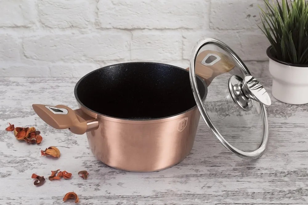 Oală marmorată cu capac 30 cm, 8 L Berlinger Haus BH 6194, Rose Gold Edition, antiaderentă și elegantă