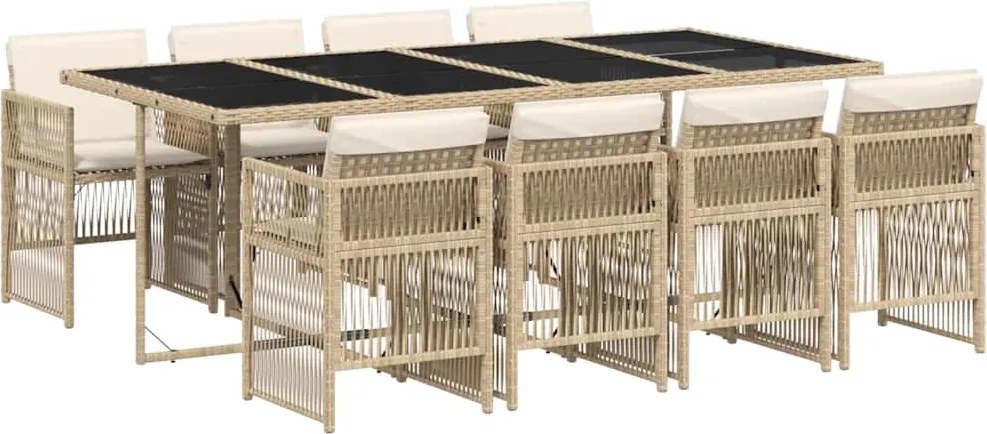 vidaXL Set de masă pentru grădină, 9 piese, cu perne, bej, poliratan