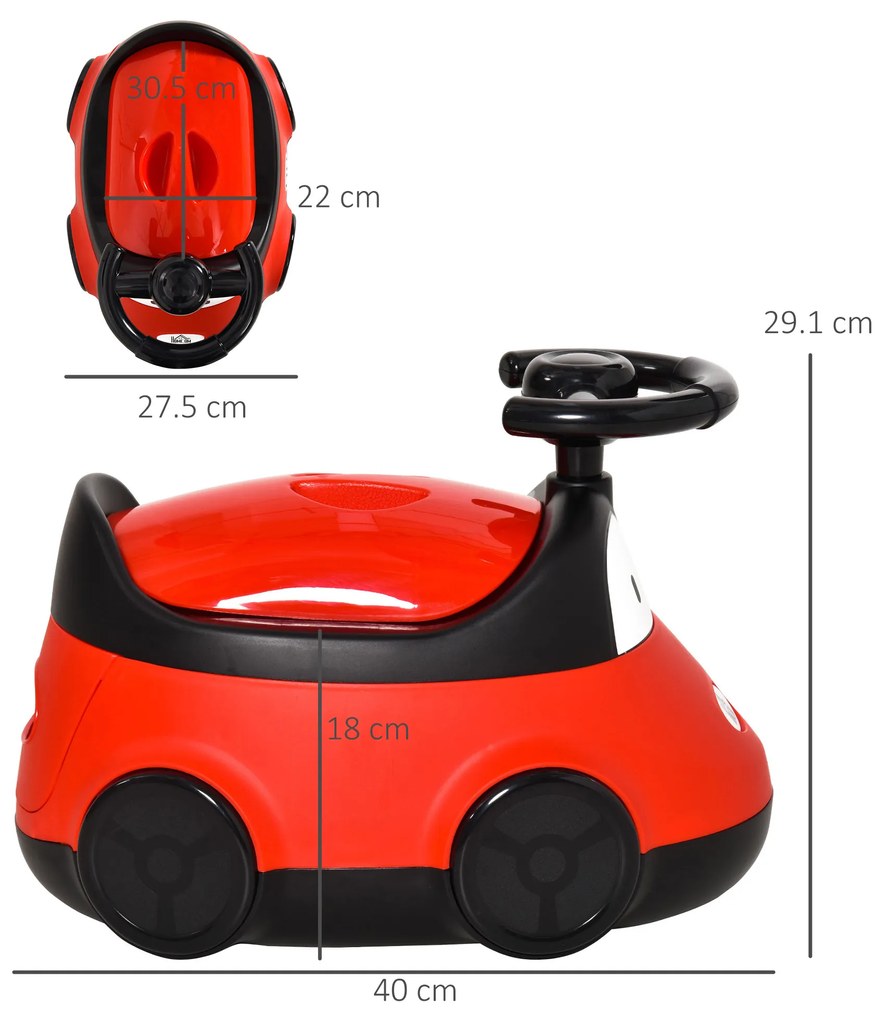 HOMCOM Olița în Formă de Mașină pentru Copii de la 6 Luni la 3 Ani cu Volan și Tavă Detașabilă, 40x27,5x29,1 cm, Roșu | Aosom Romania