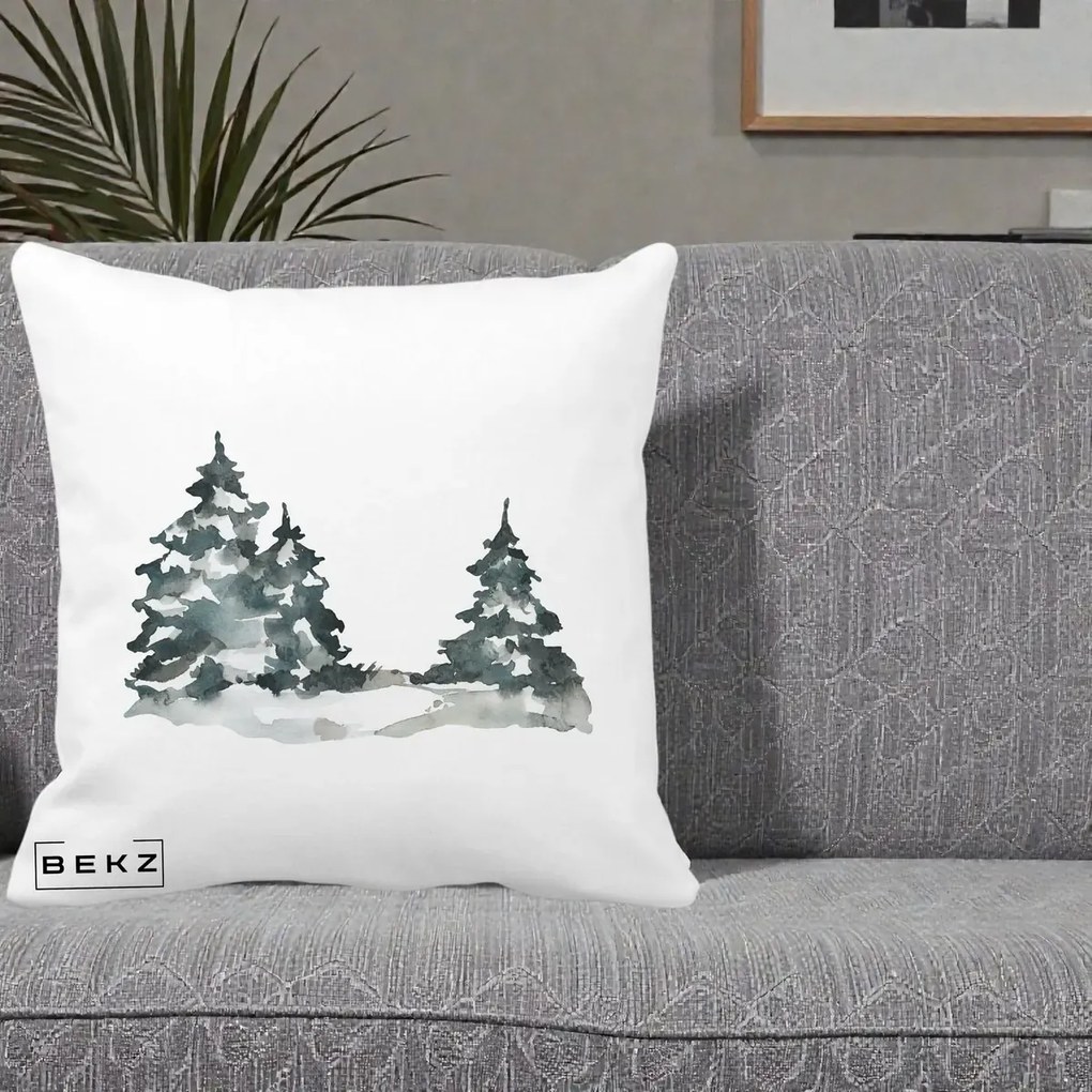 Perna Decorativa Brazi Inzapeziti Acuarela, 40x40 cm, Alba Mata, Husa Detasabila, Perna Inclusa, BEKZ®