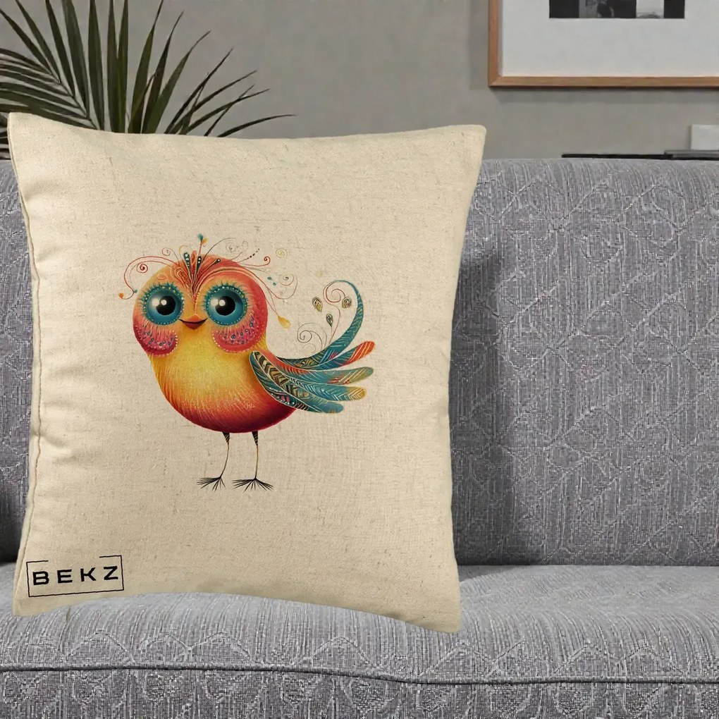 Perna Decorativa Pasare Vibranta cu Aripi Ornamentale, 40x40 cm, Bej, Husa Detasabila, Perna Inclusa, BEKZ®