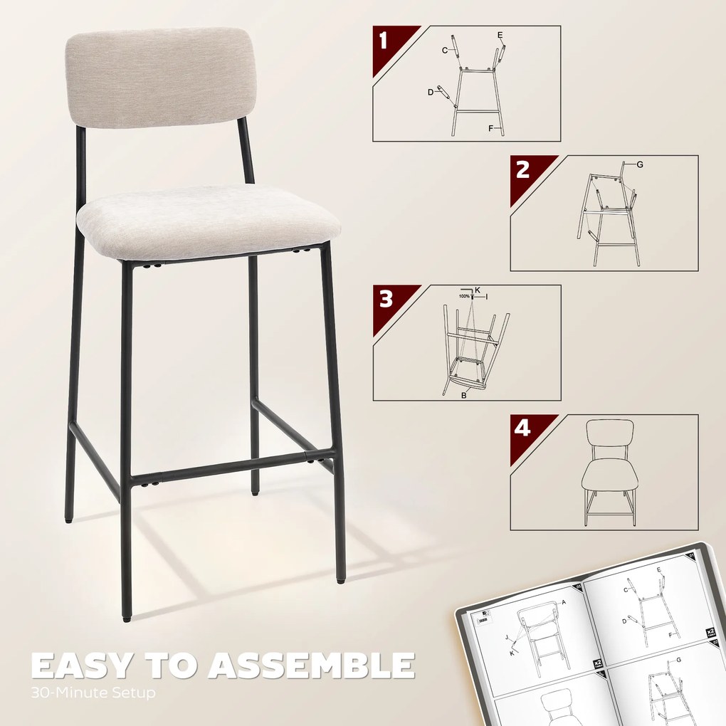 HOMCOM Set 2 Scaune de Bar, Scaune de Bucătărie Înalte în Chenille cu Spătar Înalt, Suport pentru Picioare și Sezut Moale Gros, Structură din Oțel, Scaune Înalte de Bar, pentru Peninsula, Sala de Mese, Bar, Crem | Aosom Romania
