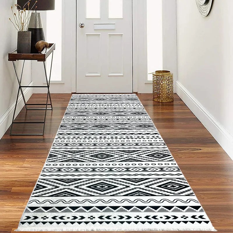 Traversa hol antiderapanta, 80x300 cm, poliester, alb-negru, geometric