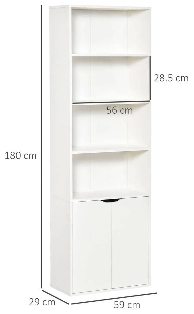 Biblioteca Moderna HOMCOM 4 Etajere cu Dulapior din Lemn cu 2 Usi, Mobilier Multifunctional pentru Living si Birou 59x29x180cm, Alba | Aosom Romania