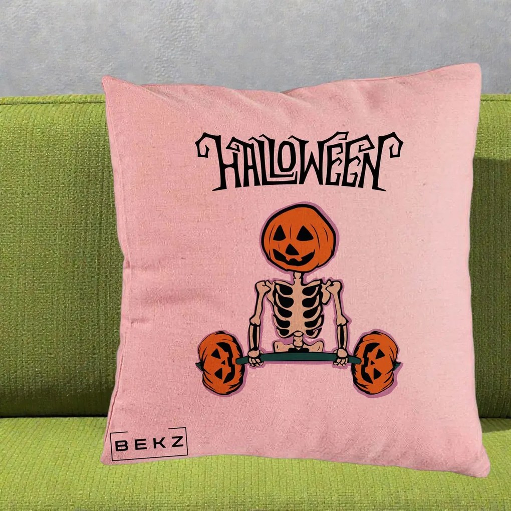 Perna Decorativa Halloween Schelet cu Cap de Dovleac Powerlifting, 40x40 cm, Roz, Husa Detasabila, Perna Inclusa, BEKZ®