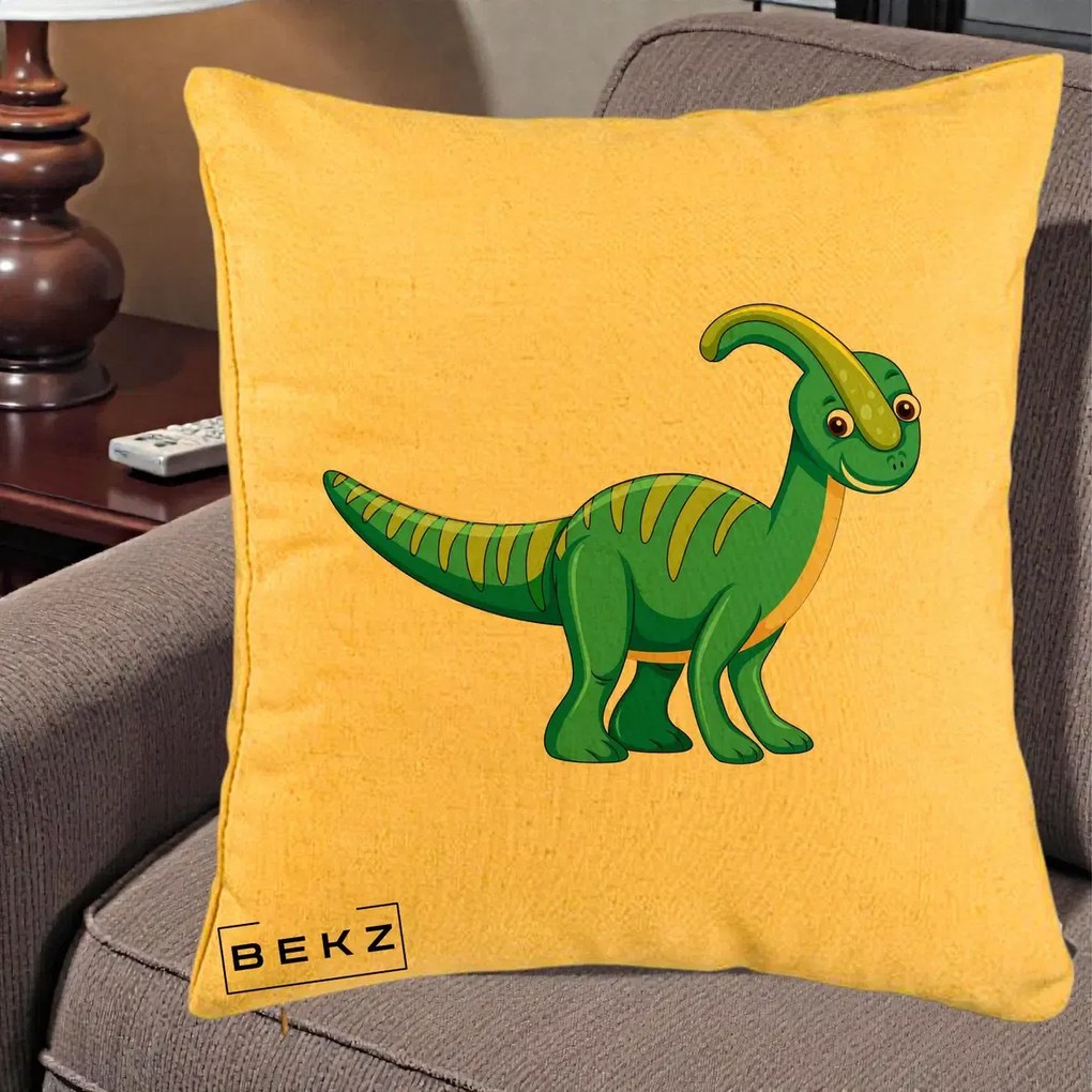 Perna Decorativa Parasaur Verde, 40x40 cm, Galben, Husa Detasabila, Perna Inclusa, BEKZ®