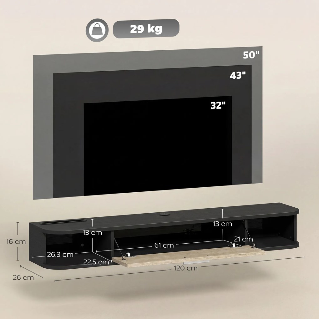 HOMCOM Mobilier TV Suspendat 120 cm, Mobilă TV pentru până la 127 cm, Ușă Rabatabilă, 2 Rafturi Deschise și Orificii pentru Cabluri, Negru | Aosom Romania