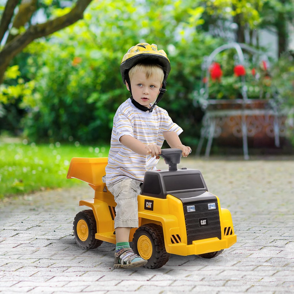 HOMCOM Camion Jucarie Electric cu Licenta CAT, Faruri si Efecte Sonore pentru Copii 18-36 Luni, 74.5x36x43.5 cm, Galben si Negru