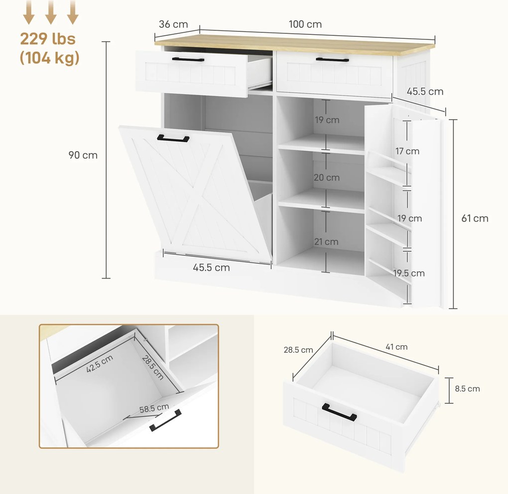 HOMCOM Bufet de bucătărie cu compartiment coș 38 L, mobilier depozitare bucătărie, 2 sertare, suport condimente și blat, alb | Aosom Romania
