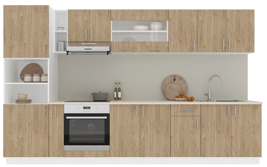 Set Bucatarie Karo V33, Lemn Natural/Alb, Blat Thermo 28 mm, L 340 cm