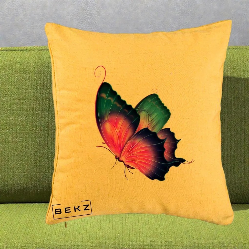Perna Decorativa Fluture Neon, 40x40 cm, Galben, Husa Detasabila, Perna Inclusa, BEKZ®