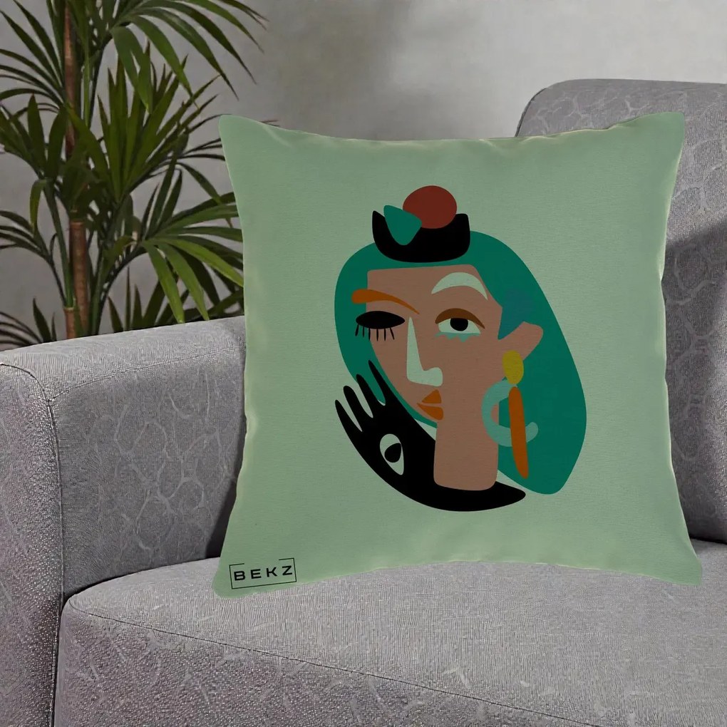 Perna Decorativa Portret Abstract Matisse Turcoaz, 40x40 cm, Verde, Husa Detasabila, Perna Inclusa, BEKZ®