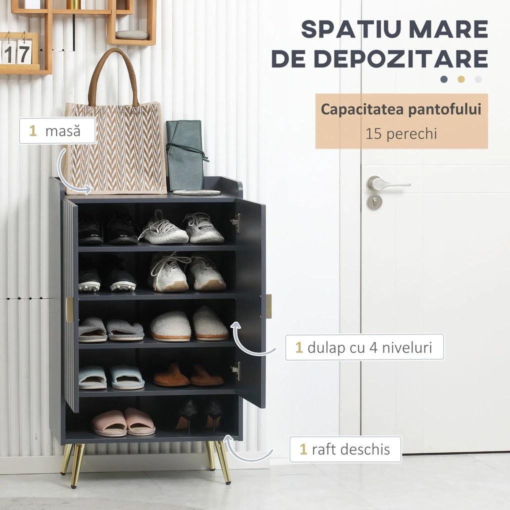 HOMCOM Dulap de pantofi modern cu 4 niveluri, cu 2 usi si rafturi reglabile pentru pana la 15 pantofi, din PAL si otel, 60x33x100 cm, gri si auriu | Aosom Romania