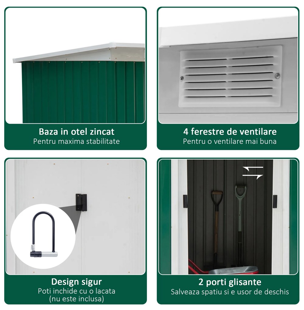 Outsunny Magazie de Grădină pentru Unelte, cu Uși Glisante și Ventilație, 277x130x173 cm, Verde | Aosom Romania