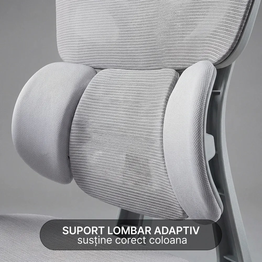 RESIGILAT- Scaun ergonomic, Suport Lombar 3 Zone Dinamice, Spătar ajustabil pe inaltime, cotiere 3D, tetiera 3D, suport pentru picioare, umeras, pivotant, Mesh, Gri