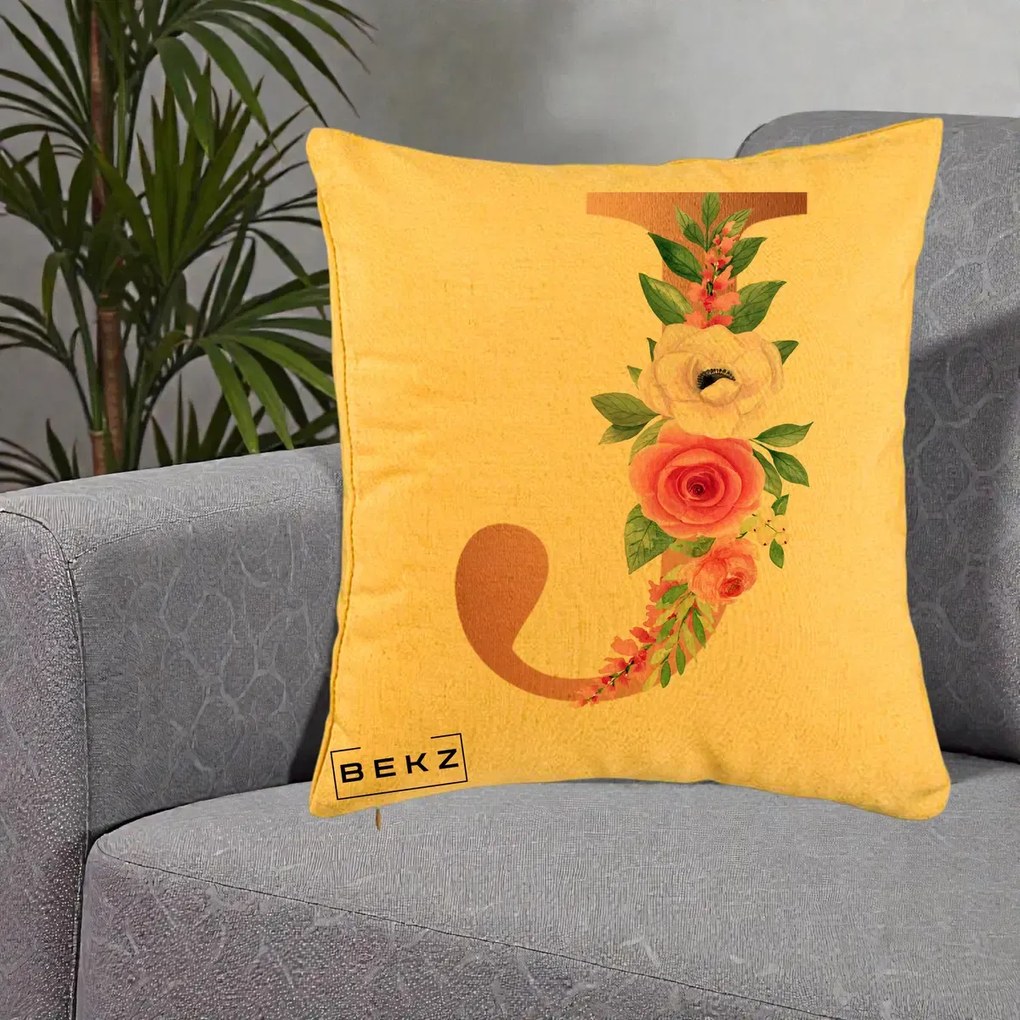 Cadou Personalizat - Perna Personalizata Monograma Rose Gold Litera J, 40x40 cm, Galben, Husa Detasabila, Perna Inclusa, BEKZ®