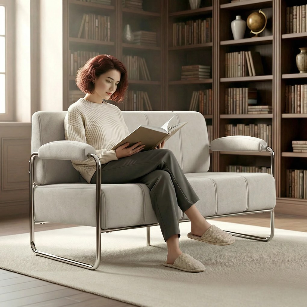 HOMCOM Canapea cu 2 Locuri Tapițată în Chenille cu Cusături Duble, Canapea Modernă cu Brațe și Picioare din Oțel, pentru Living, Birou și Dormitor, 120x73x76 cm, Bej | Aosom Romania