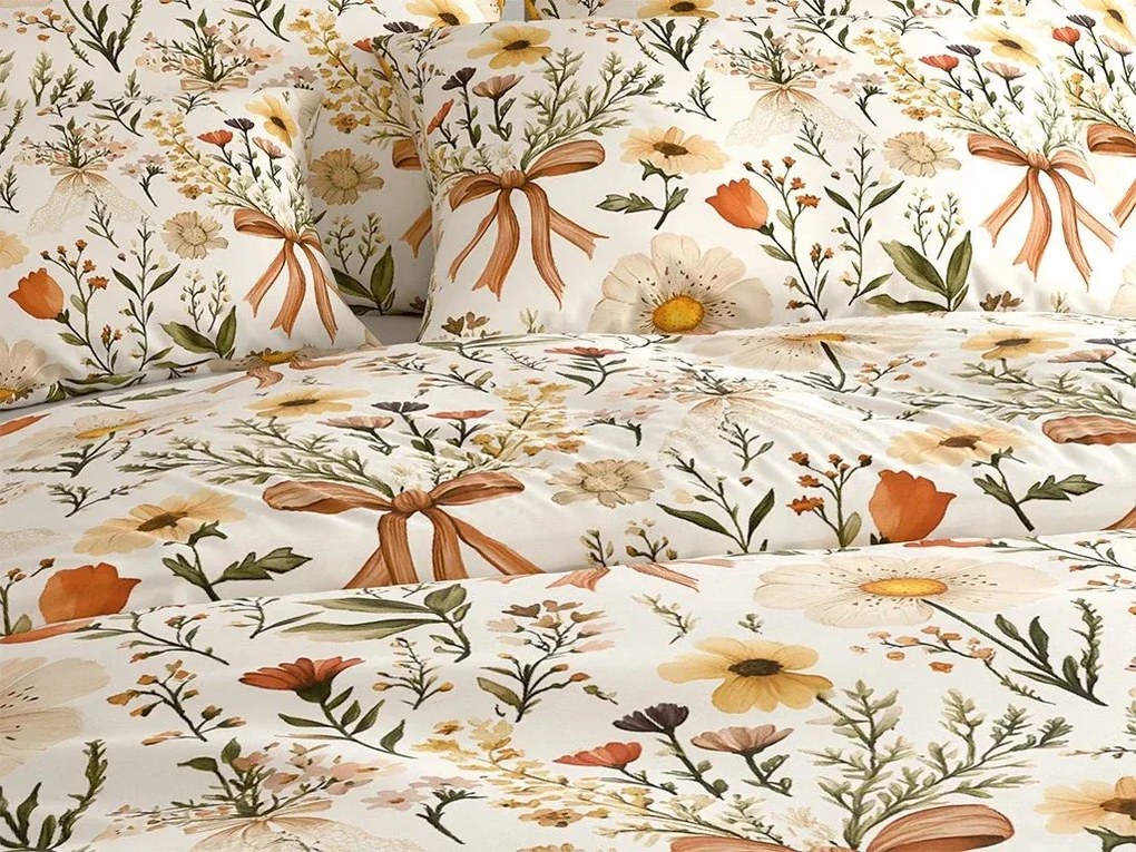 Set lenjerie de pat creponata FLORAL RIBBON POLY colorata + cearsaf Jersey 180 x 200 cm bej deschis, pat dublu