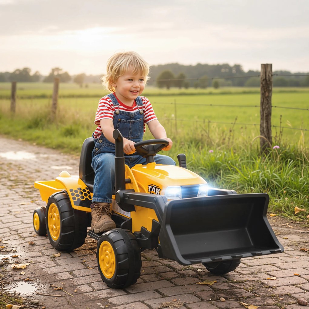 AIYAPLAY Excavator Electric pentru Copii 12V cu Cupă și Remorcă Detașabilă, Tractor Electric de Călărit cu 2 Motoare, Telecomandă, Conexiune Wireless, USB, Lumini și Muzică, 3-8 Ani, Galben | Aosom Romania