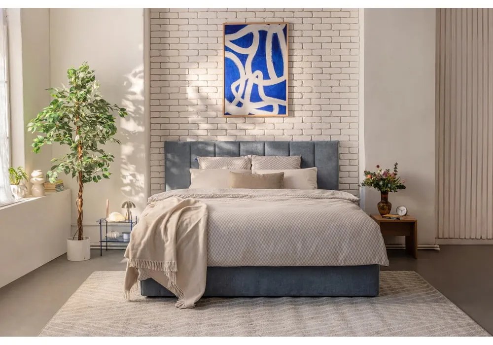 Pat dublu tapițat albastru cu spațiu de depozitare cu saltea / somieră 160x200 cm Thessa Bold Line - Bonami Selection