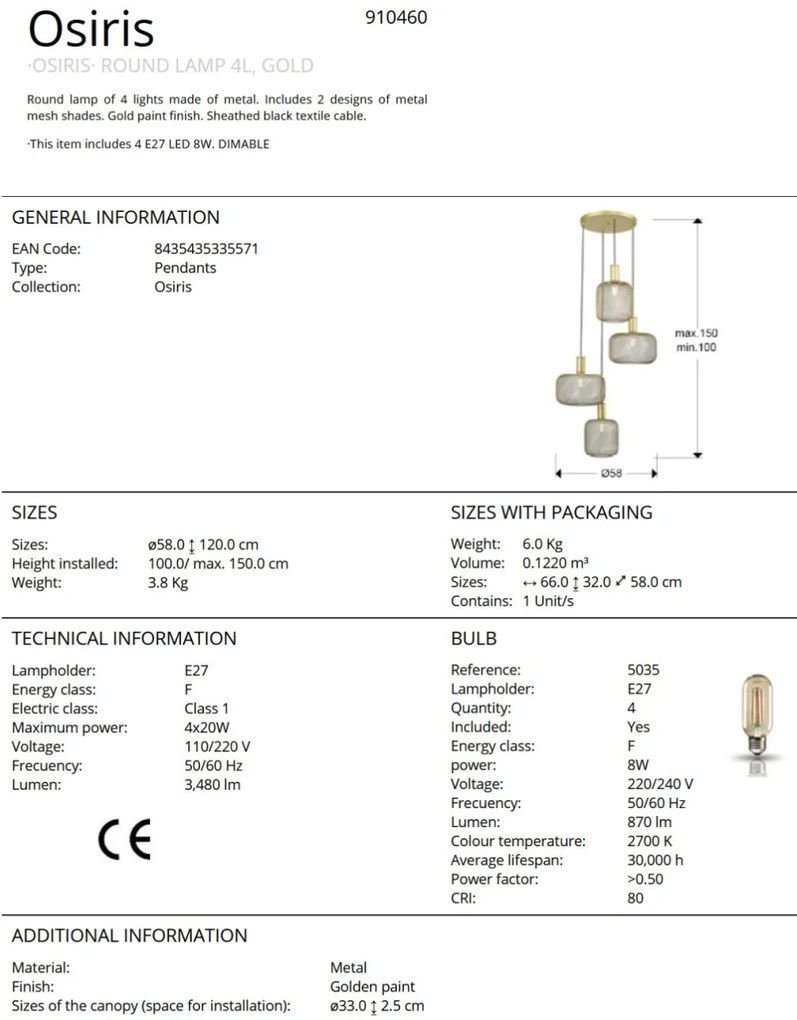Lustra suspendata design decorativ modern Osiris 4 auriu