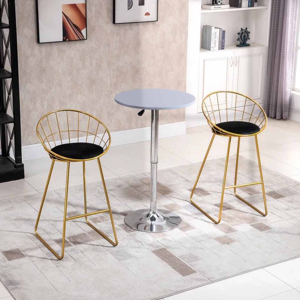 HOMCOM Set 2 Scaune Bar Înalte, Design Modern, Pernă Catifea, Poliester și Metal, Negru și Auriu, Confortabil | Aosom Romania