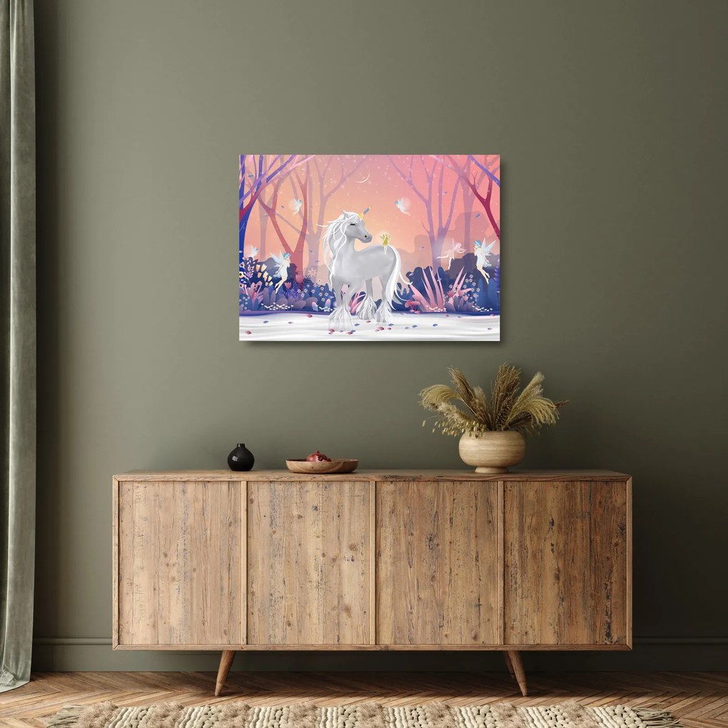 Tablou pe sticlă - Unicorn în pădurea fermecată (70x50 cm)