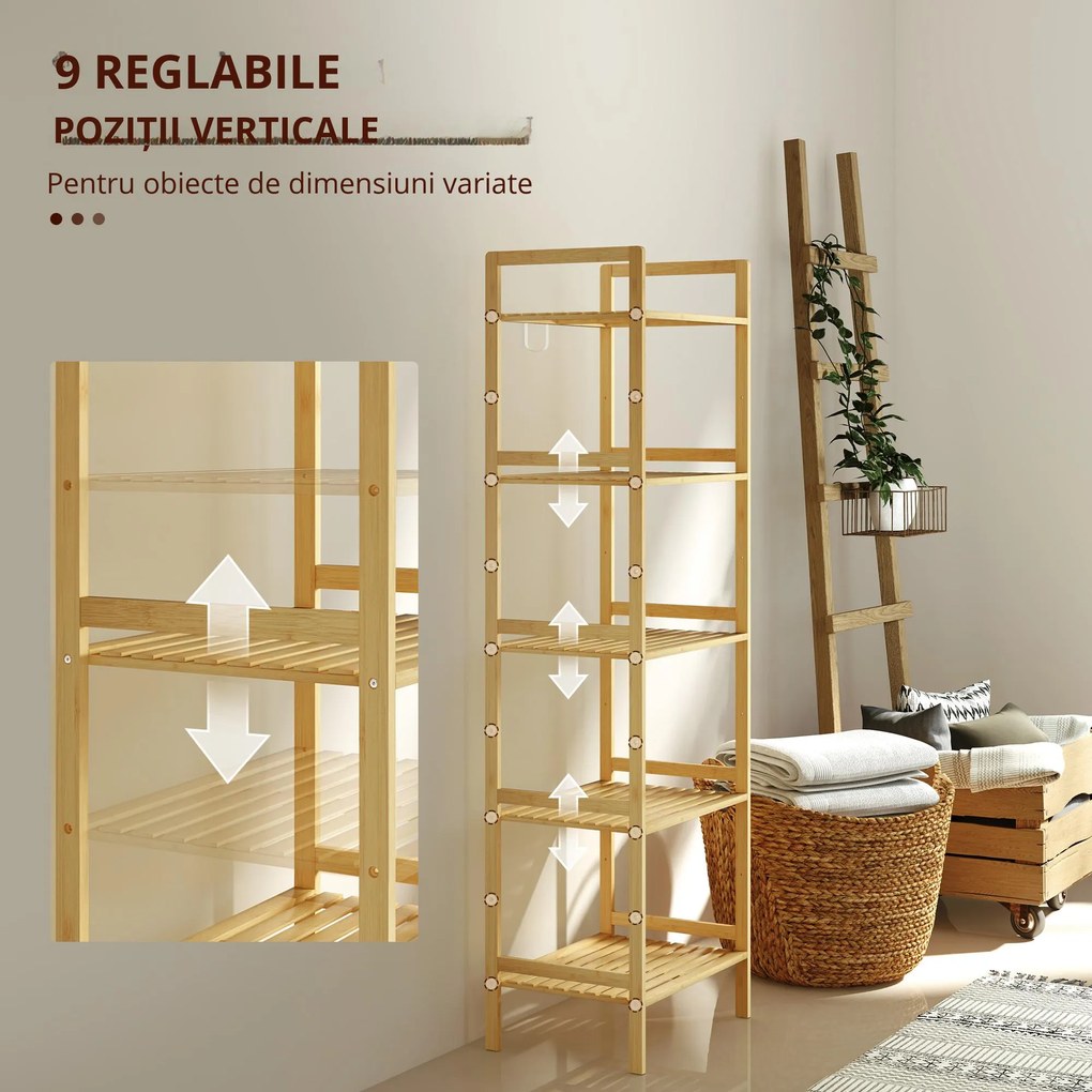 HOMCOM Raft de Depozitare pentru Baie cu 5 Niveluri, 43,5x31,5x142 cm, Lemn Natural | Aosom Romania