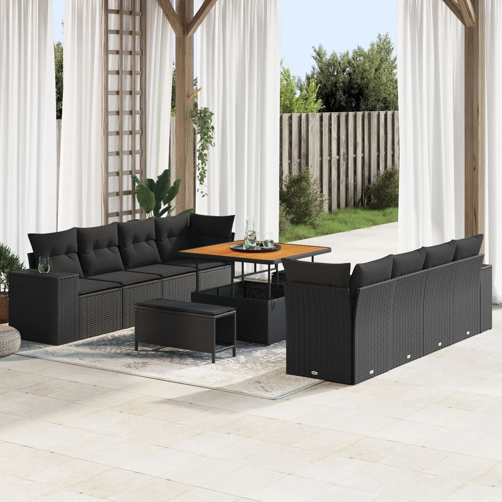 vidaXL Set de canapea de grădină, 11 piese, cu perne, negru, din ratan, cu lemn de acacia