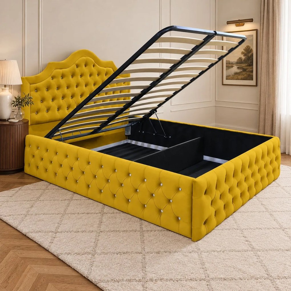 Pat tapițat Chesterfield din catifea Imperio Deluxe 180×200 cm, galben muștar, cu ladă de depozitare