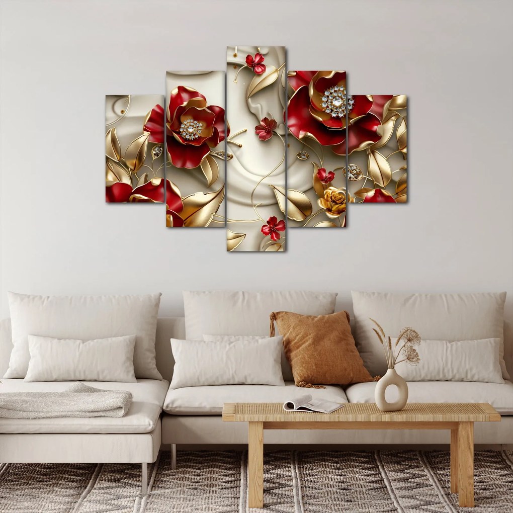 Tablou - Flori 3D Roșu-Auriu (150x105 cm)