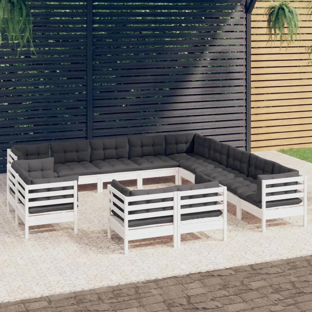 3096960 vidaXL Set mobilier de grădină cu perne, 13 piese alb, lemn masiv pin