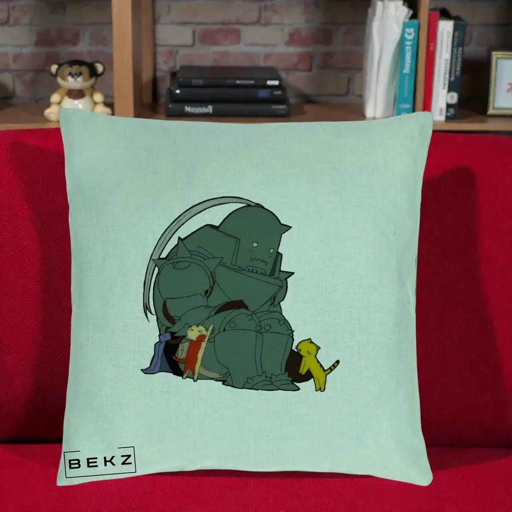 Perna Personalizata Fullmetal Alchemist Alphonse cu Pisici, 40x40 cm, Verde Menta, Husa Detasabila, Perna Inclusa, BEKZ®