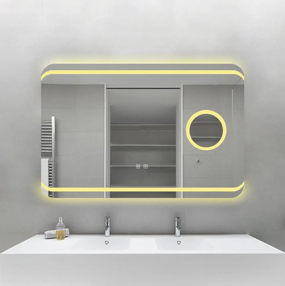 Oglindă Baie LED și Dezaburire Elit's Premium cu Senzor Touch, Lumina Rece, Caldă și Neutră, 90x60cm, Lupa Cosmetica esn141