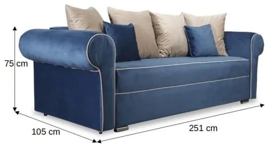 Canapea Extensibila Cu 3 Locuri Sofia, Albastru Si Bej, Lada Depozitare, 251 x 105 x 75 Cm
