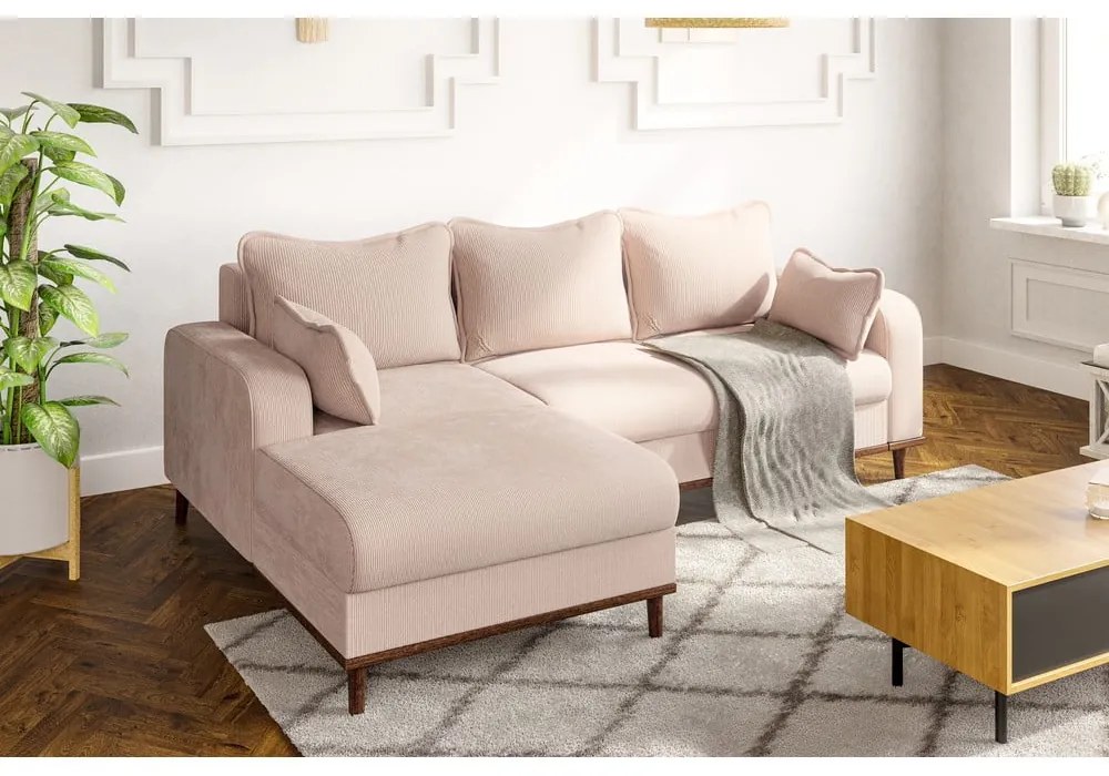 Colțar bej cu tapițerie din catifea reiată (cu colț pe partea stângă ) Beata – Ropez