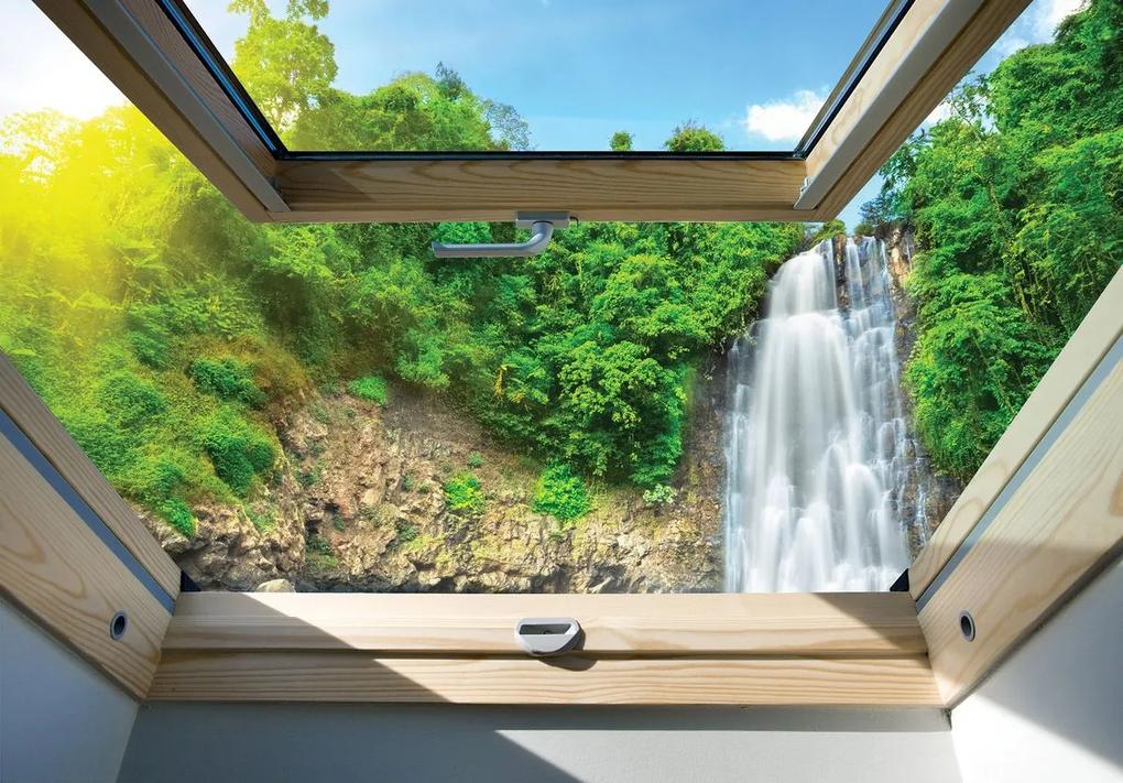 Fototapet - Privire spre cascade din geam (152,5x104 cm), în 8 de alte dimensiuni noi