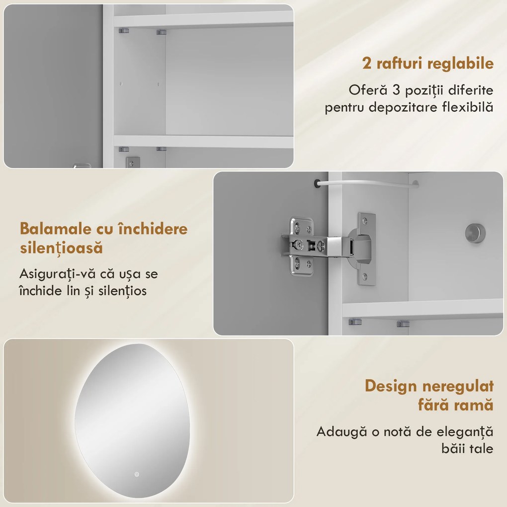 HOMCOM Dulap Baie LED, Anti-Condens, Iluminare Reglabilă 3 Tonuri, Alb, Montare pe Perete | Aosom Romania