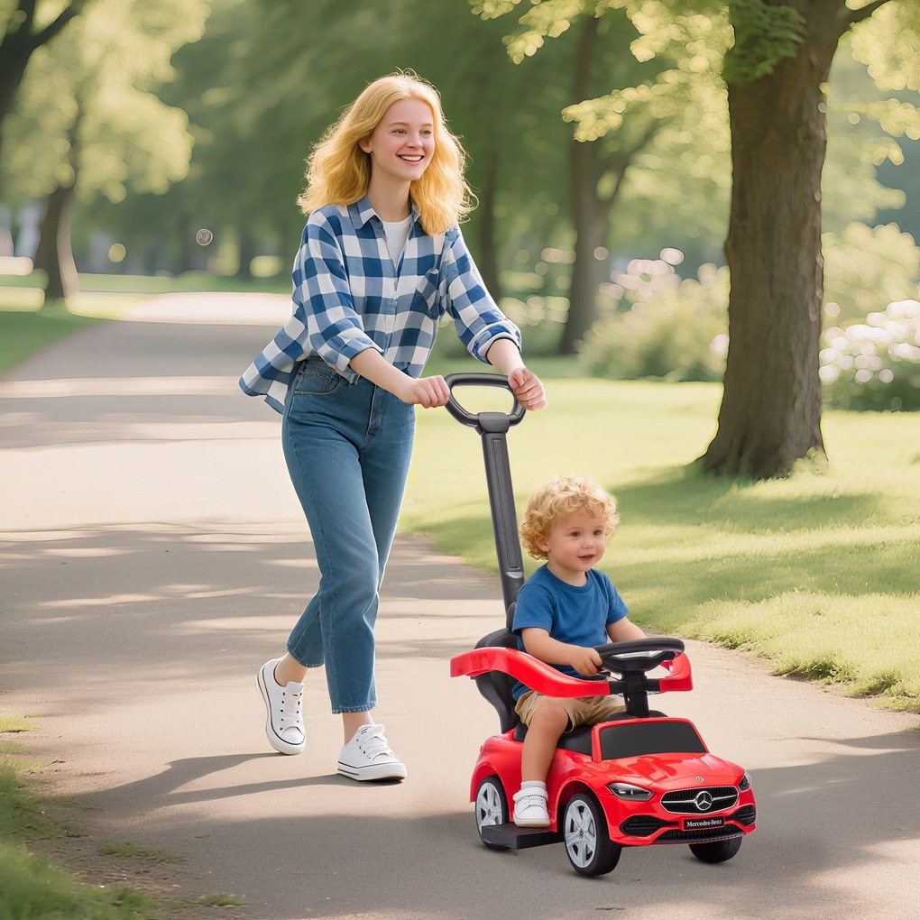 AIYAPLAY Premergător copii Mercedes-Benz cu licență, mașină de împins cu mâner detașabil, 91 x 40 x 83 cm, roșu | Aosom Romania