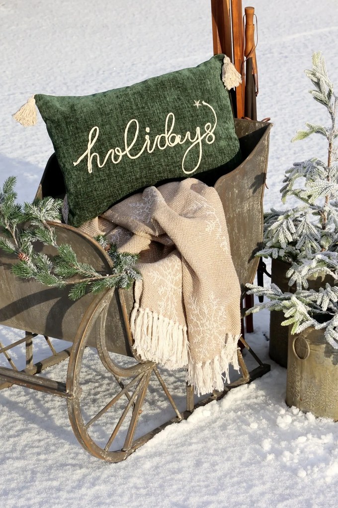 Față de pernă verde cu ciucuri și broderie, 50X35 cm, „Holidays”