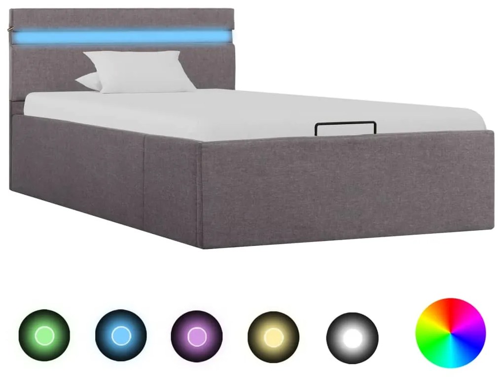 285625 vidaXL Cadru pat hidraulic cu ladă, LED, gri taupe, 100x200 cm, textil