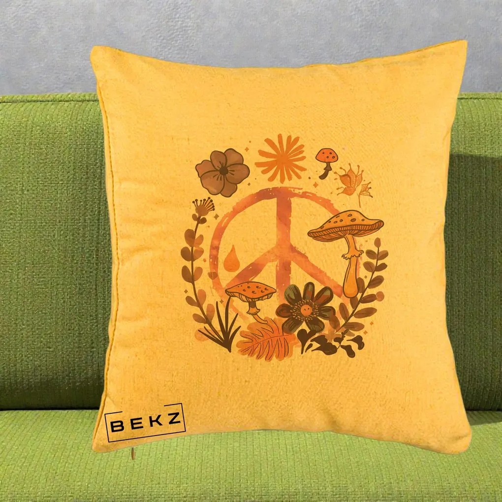 Perna Decorativa Peace Ciuperci Boho, 40x40 cm, Galben, Husa Detasabila, Perna Inclusa, BEKZ®