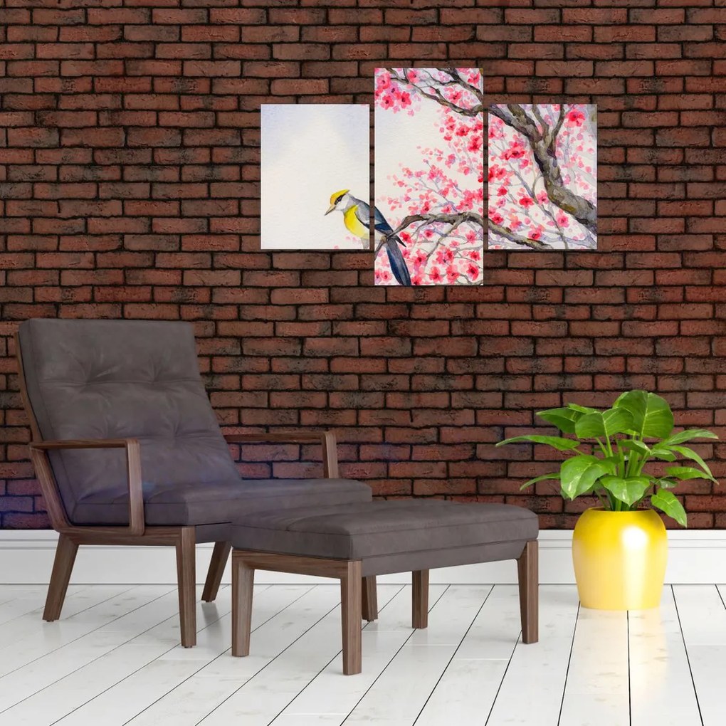 Tablou - Pasăre pe un copac cu flori roșii (90x60 cm)