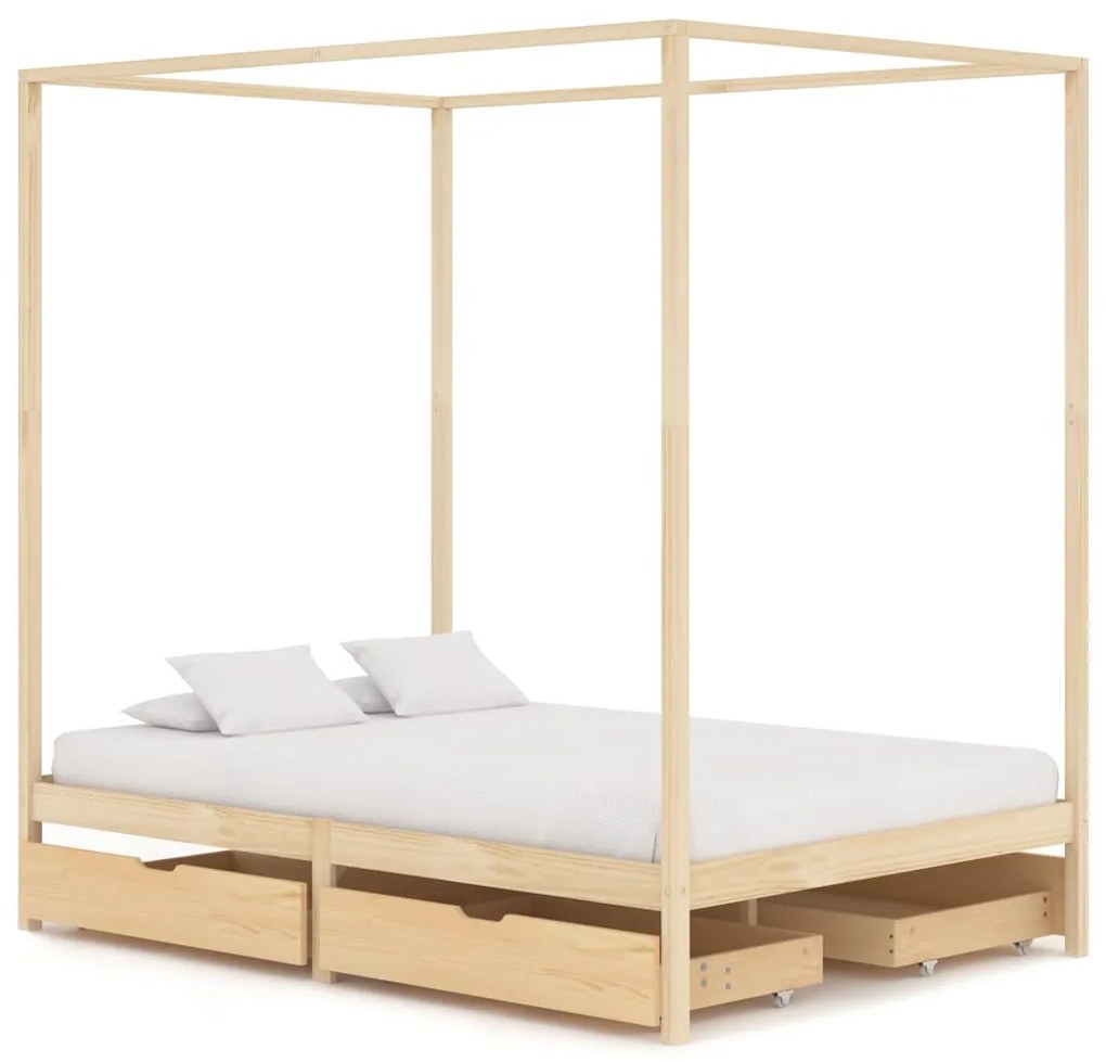 3060351 vidaXL Cadru pat cu baldachin, 4 sertare, 140x200 cm, lemn masiv pin