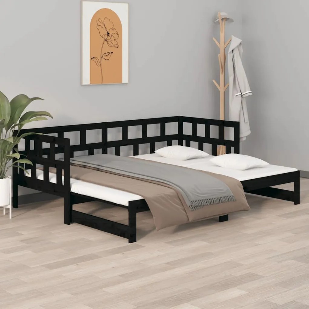820231 vidaXL Pat extensibil de zi, negru, 2x(80x200) cm, lemn masiv pin
