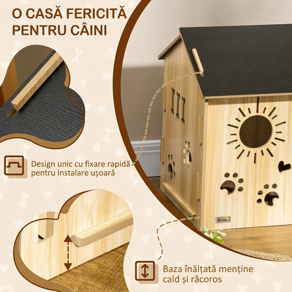 PawHut Cușcă pentru Câini, din Lemn și Deschideri în Formă de Lăbuță, Inimă și Os, Culcuș, Stejar | Aosom Romania
