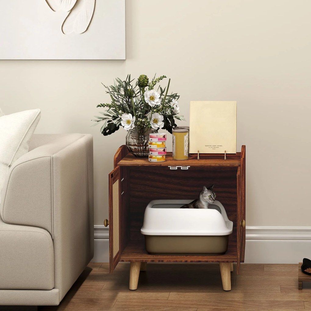 PawHut Mobilier nisip pentru pisici masă auxiliară cu uși cu covorașe din sisal pentru salon dormitor 55x43x59,6 cm Măsliniu | Aosom Romania