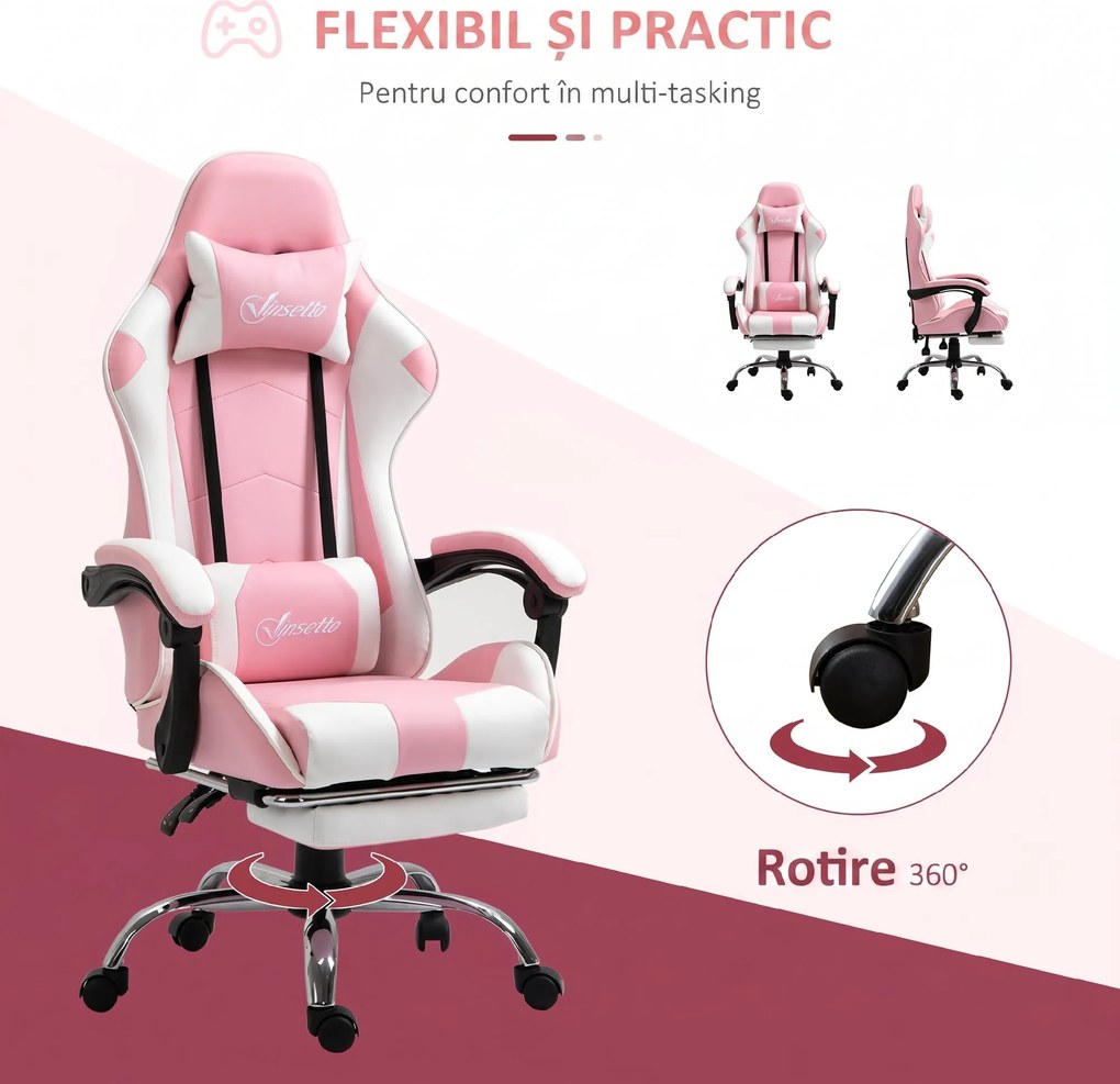 Vinsetto Scaun Gaming Ergonomic Reclinabil cu Tetieră, Pernă Lombară, Înălțime Reglabilă, Roz și Alb | Aosom Romania