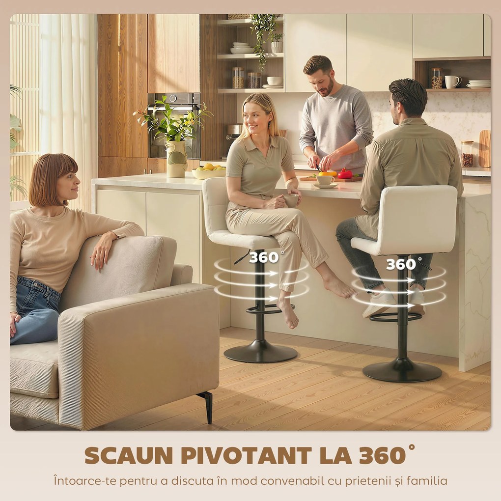 HOMCOM Set 2 Scaune de Bar din Piele PU cu Suport pentru Picioare, Scaune Rotative, Bucătărie, Crem | Aosom Romania